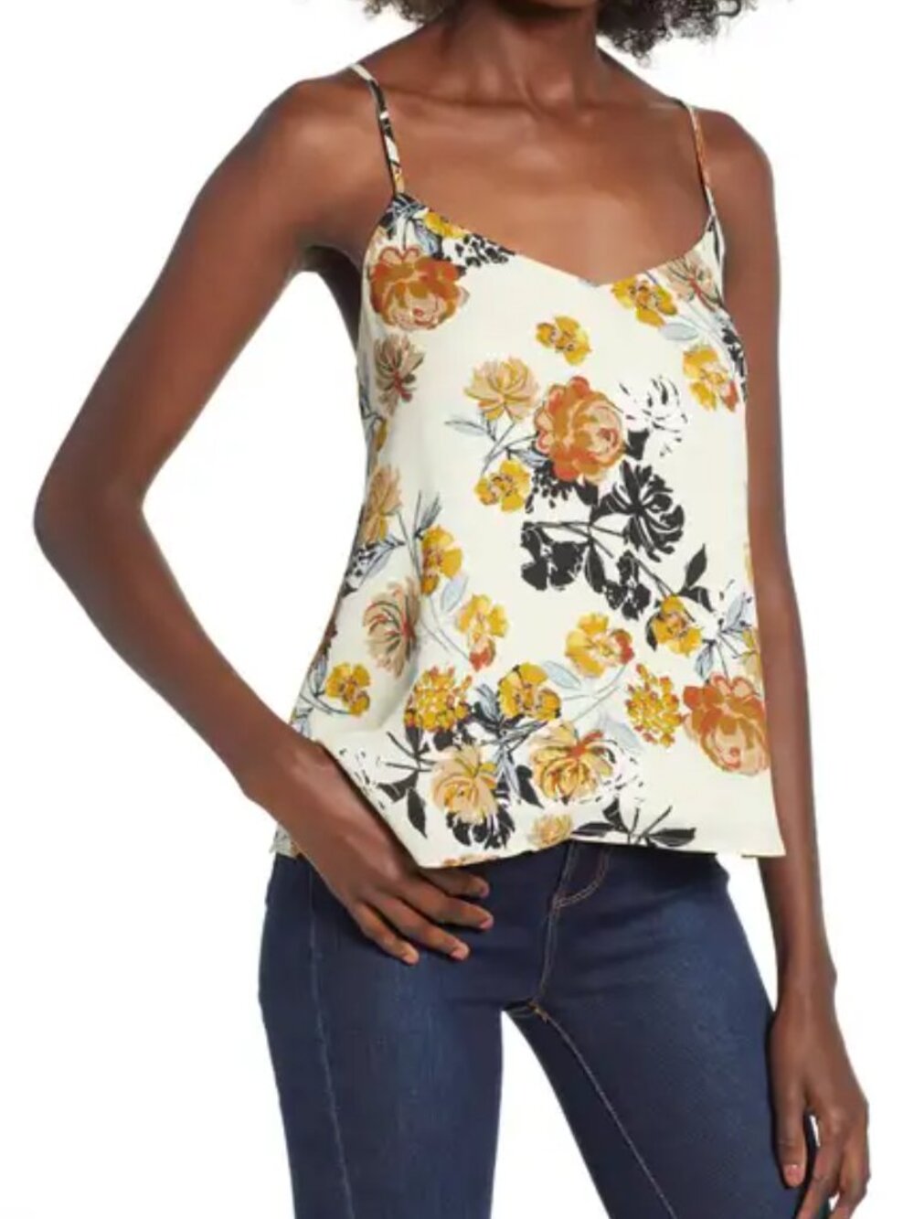 LEITH V Neck Camisole,   Women's Size Medium, Cream Floral Pattern